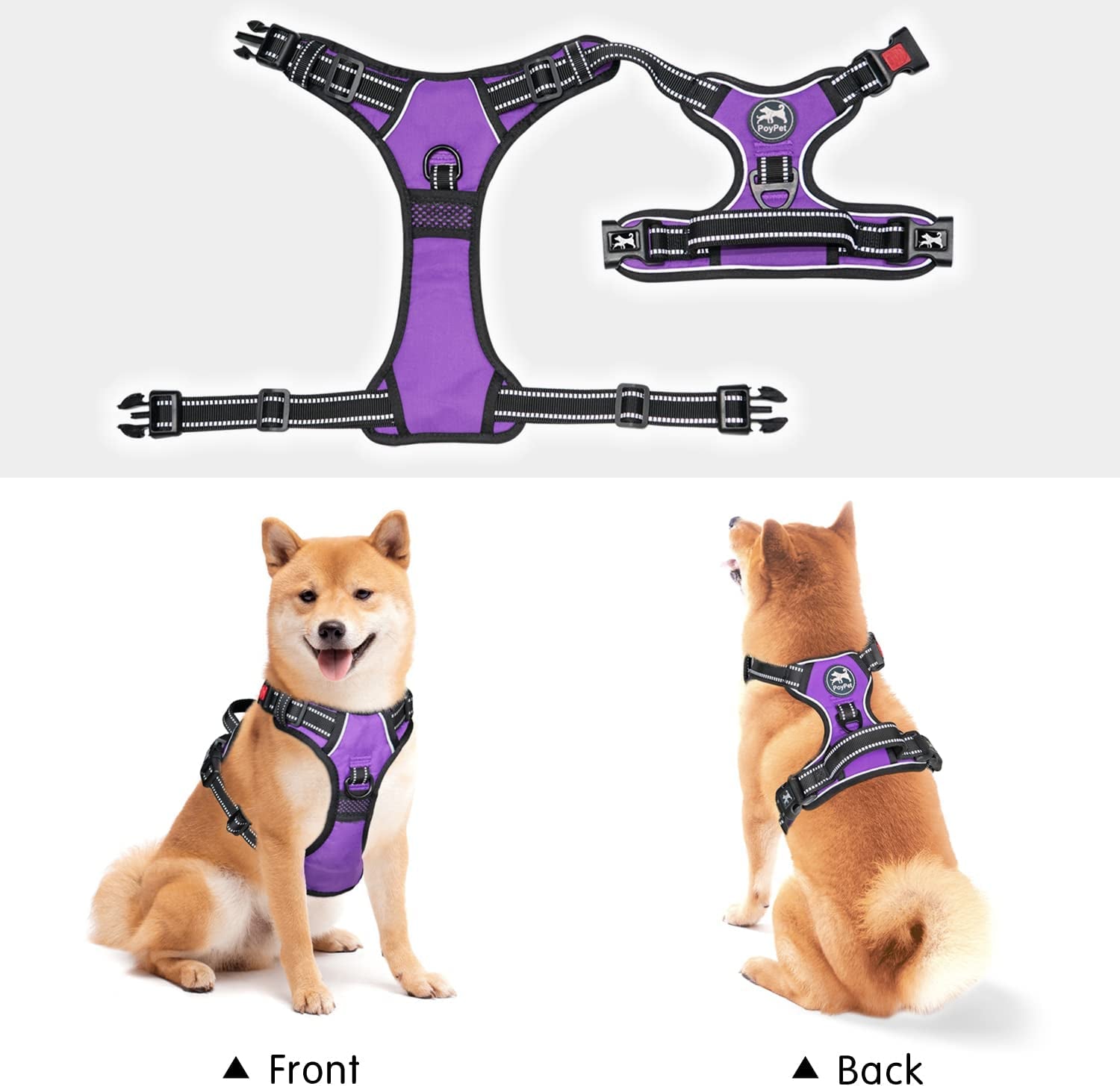 No Pull Dog Harness, No Choke Front Clip Dog Reflective Harness, Adjustable Soft Padded Pet Vest with Easy Control Handle for Small to Large Dogs(Purple,M)