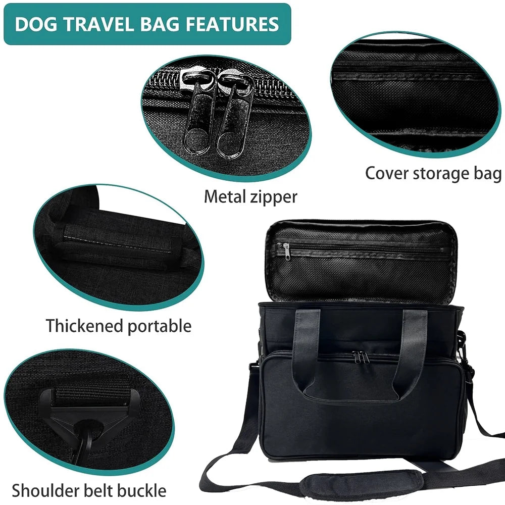 Dog Travel Bag,Airline Approved Dog Bags for Traveling Large Pet Travel Kit with Multi Pockets Travel Pet Bag Organizer, Dog Food Travel Bag with Food Container and Bowls (Black)