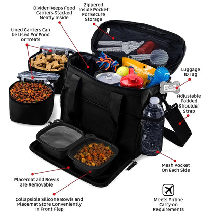 Dog Travel Bag,Airline Approved Dog Bags for Traveling Large Pet Travel Kit with Multi Pockets Travel Pet Bag Organizer, Dog Food Travel Bag with Food Container and Bowls (Black)