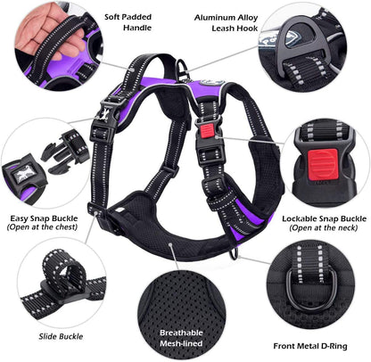 No Pull Dog Harness, No Choke Front Clip Dog Reflective Harness, Adjustable Soft Padded Pet Vest with Easy Control Handle for Small to Large Dogs(Purple,M)